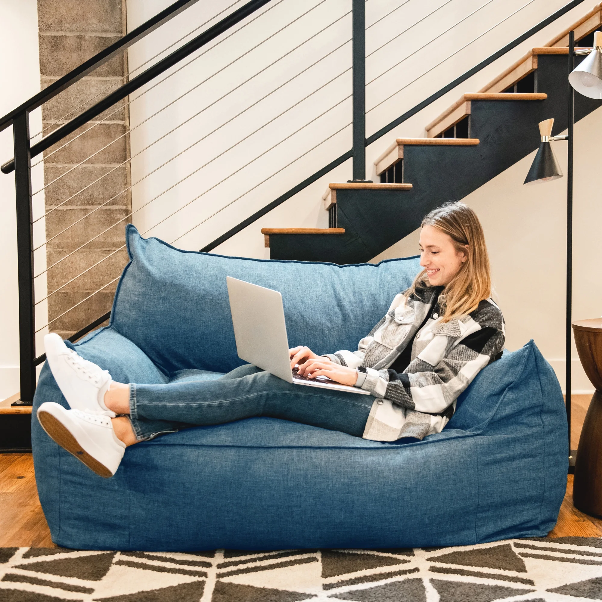 Big Joe Imperial Fufton Foam Filled Bean Bag Sofa with Removable Cover, Pacific Blue Union, Durable Woven Polyester, 5 feet Giant