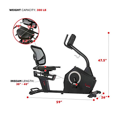 Sunny Health & Fitness Magnetic Resistance Recumbent Bike with Optional Exclusive SunnyFit™ App and Smart Bluetooth Connectivity