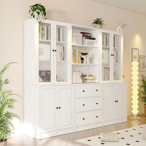TUSY 71" Bookshelf Bookcase, 3-Tier Modern Bookshelves 3 Large Drawer, Wood Filing Cabinet with Open Storage Shelf, Glass Doors 5-Tier Fixed Storage Shelves for Home Office