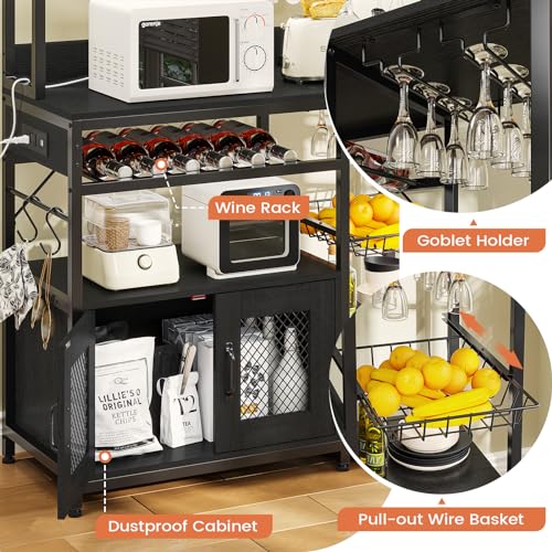 Kitchen Bakers Rack with Storage Shelves, Microwave Stand with Power Outlet and LED Light, Coffee Bar Cabinet Wire Basket Metal Grid Wine Rack Goblet Holder Hooks (Rustic Brown)