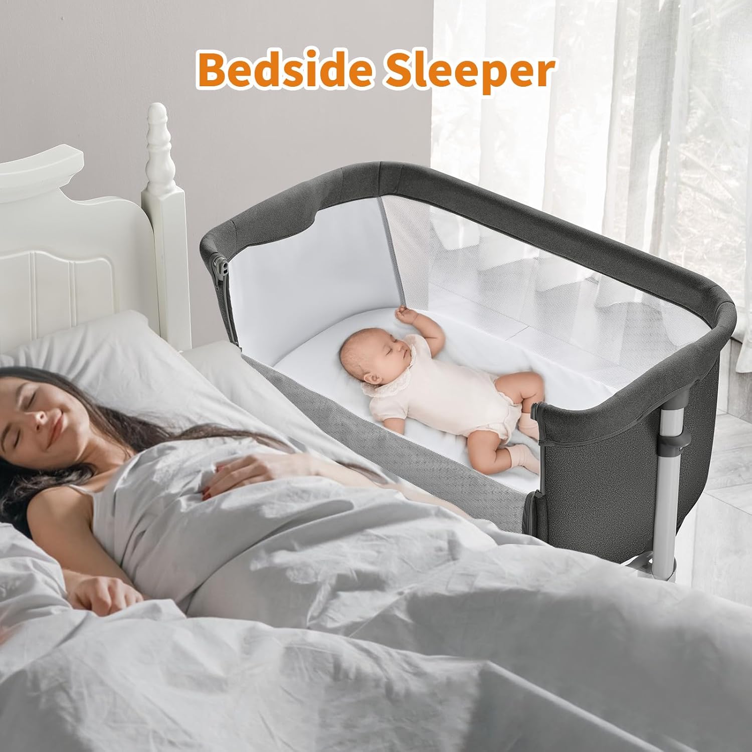 Baby Bassinet Bedside Sleeper, Breathable Mesh Bedside Crib, 6 Height Adjustable Bassinet for Infants