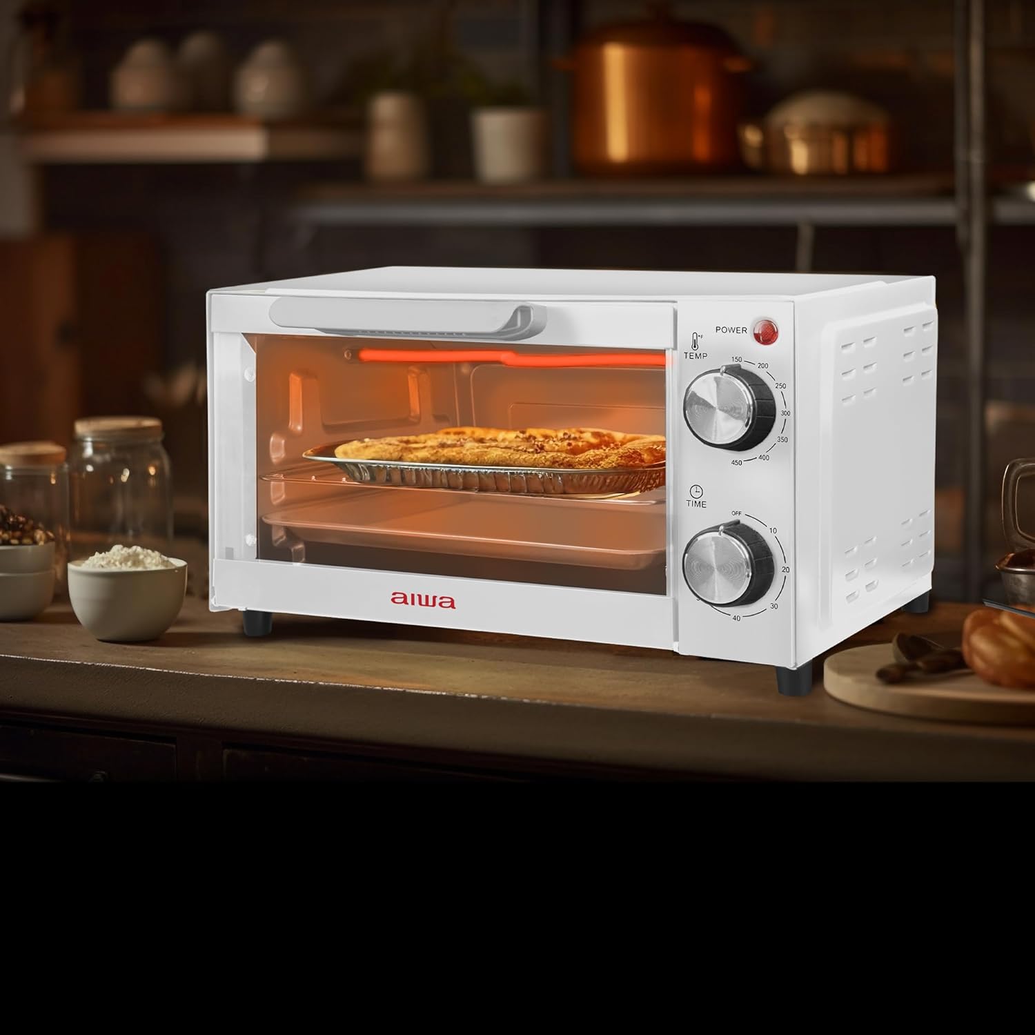 750W Toaster Oven 4 Slice With Baking Tray, Bake Toast Cook And Broil, Temperature Control, 60 Minute Timer Knob, Automatic Shutoff, Baking Tray And Crumb Tray Included