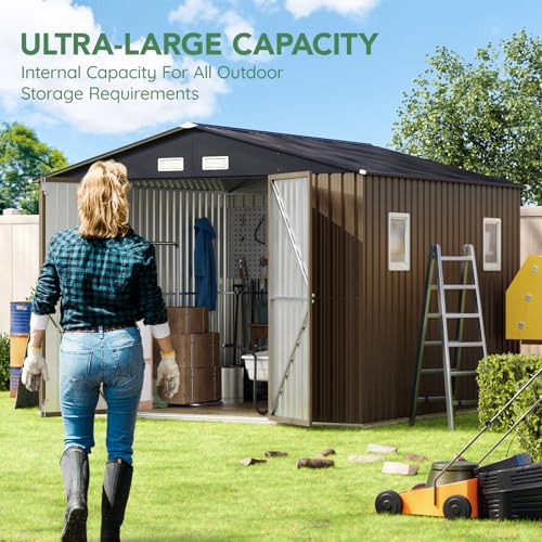 10X12X7.5 FT Outdoor Steel Storage Shed with Lockable Doors, 2 Windows, Transparent Roof Panels (Wood Panels & Frame Floor Not Included), Ideal for Patio Storage,Garbage Can, Chicken Coop，Brown