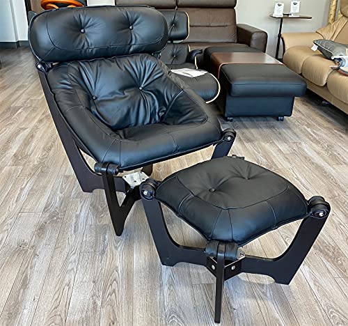 IMG Luna High Back Black Leather Chair and Ottoman - Prime P301 Black Leather Espresso Wood
