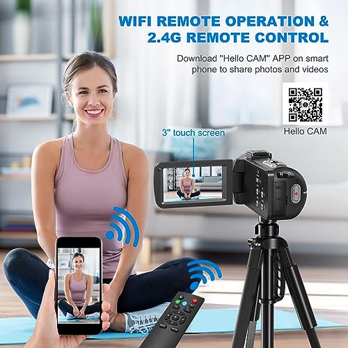 8K 64MP Video Camera 18X Digital Camcorder Video Camera for YouTube 3.0 inch Flip Screen Camcorder Vlogging Camera with 32GB SD Card, 2.4G Remote Control, Two Batteries and External Mic