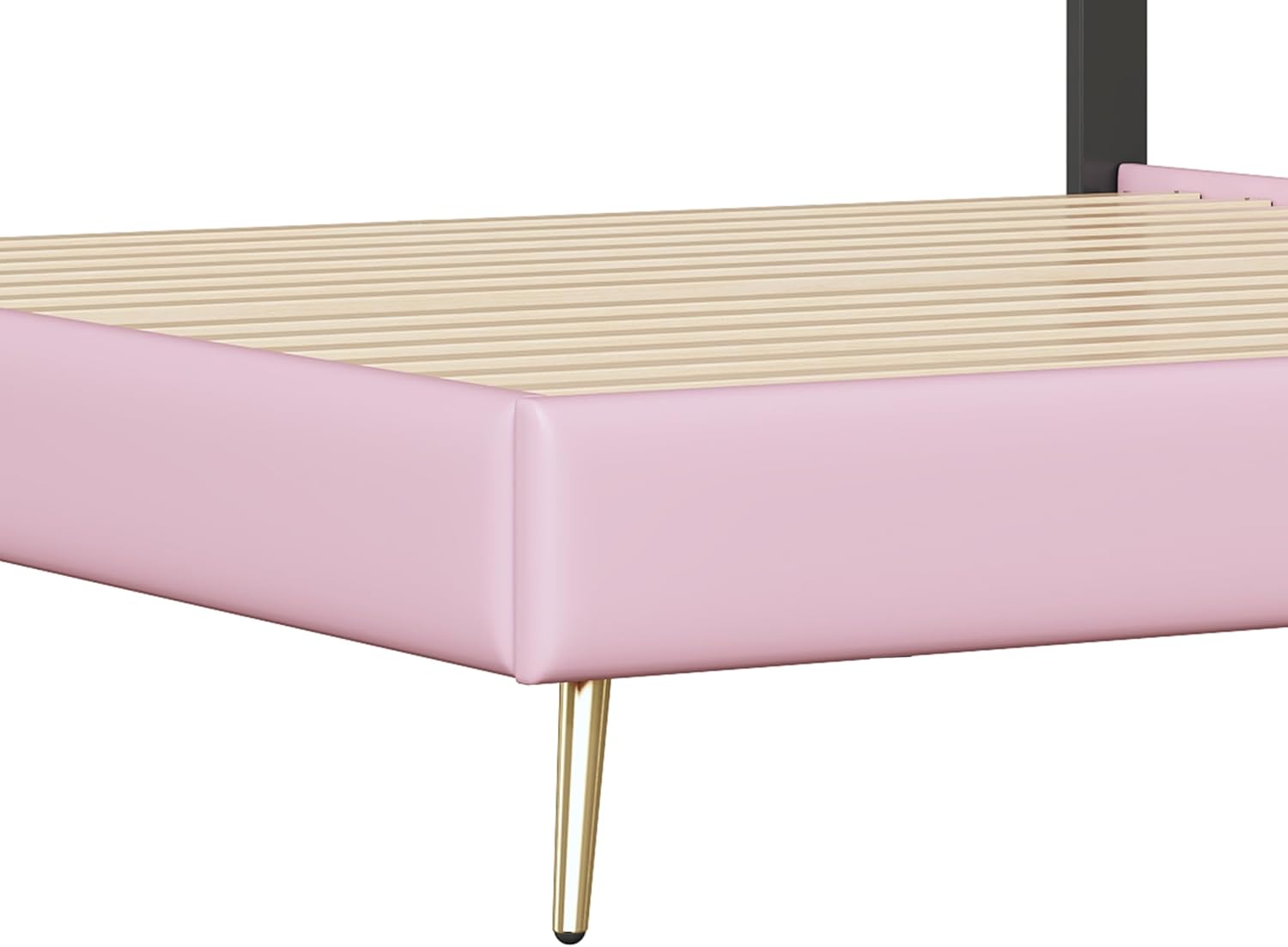 P PURLOVE Twin Upholstered Platform Bed with Light Strips and Golden Metal Legs, Wooden Platform Bed Frame with Footboard and Crown Headboard, PU Leather Princess Bed for Girls (White and Pink)