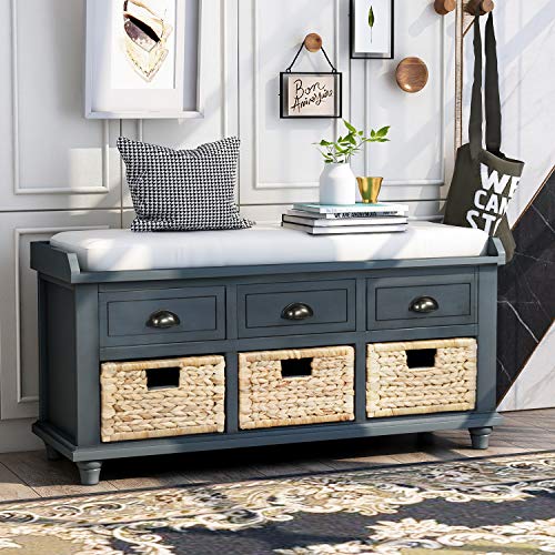 Wood Shoe Storage Benches with Cushion, Removable 2 Drawers for Entryway Livingroom Mudroom, Navy, 1 Rattan Baskets