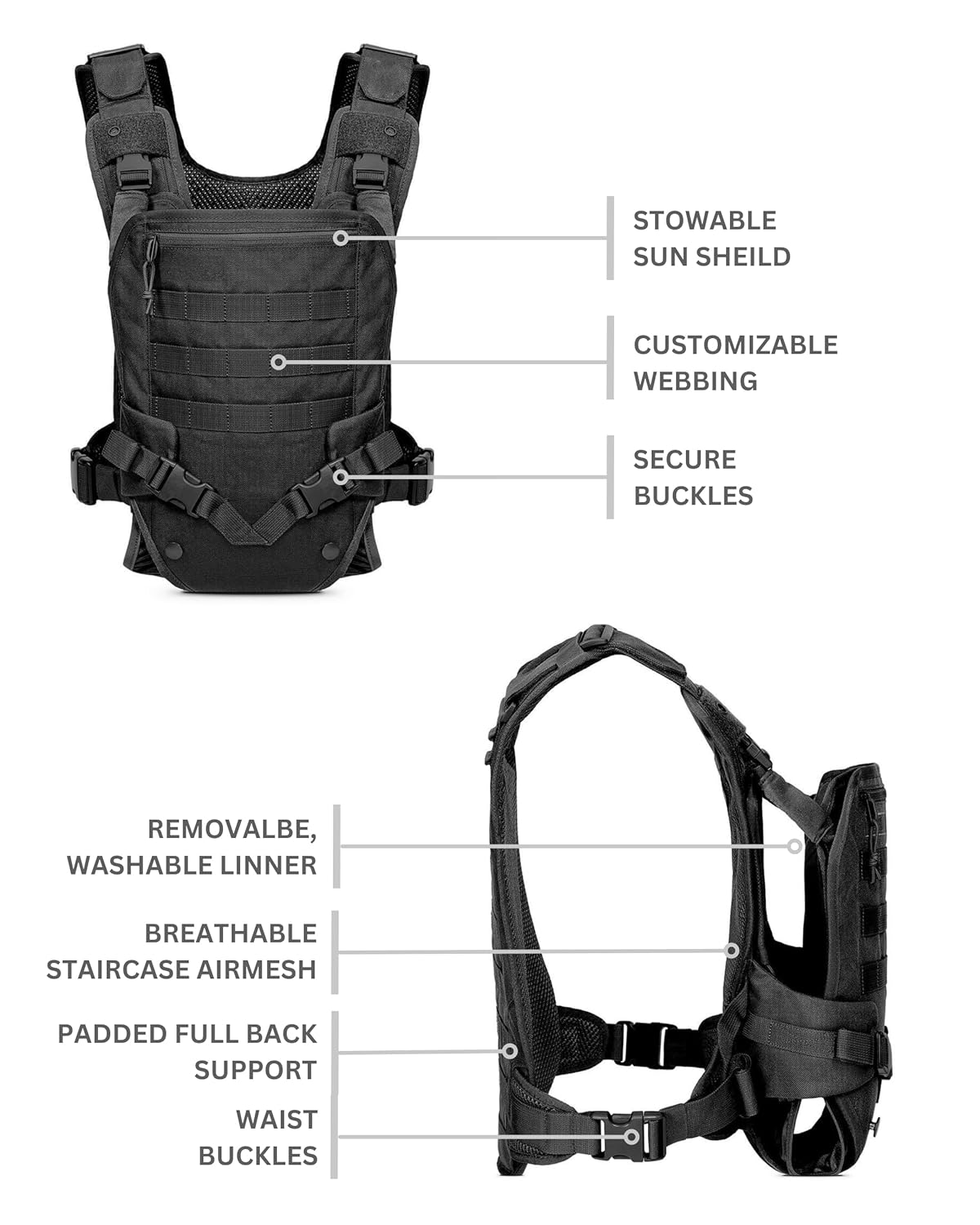 Safety-Certified Toddler and Baby Carrier - 1000D Nylon CozyOne Dad Baby Carrier with Full Back Support, Washable Liner, Sun Shade, and MOLLE system, Baby Carrier for 8-35 lbs (Black)