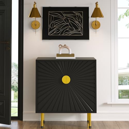 White Accent Storage Cabinet with Gold Handle Set 2- Decorative Flower Pattern Doors - Versatile Buffet Cabinet with Storage - Elegant Sideboard Cabinet - Perfect Credenza for Any Room