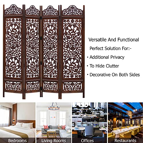 Room Divider Wood Screen - Ghanti Bells Antique Brown - 4 Panel Folding 72 x 80 - Assembled Hand Carved Decorative Functional Versatile Portable Partition Reversible Privacy Boho - COTTON CRAFT