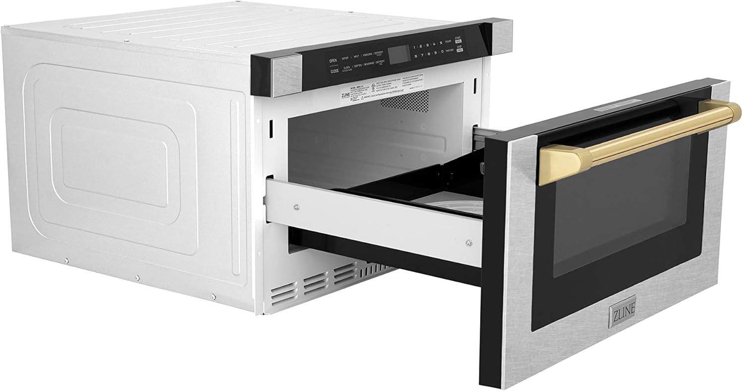 ZLINE Autograph Edition 24" 1.2 cu. ft. Built-in Microwave Drawer with a Traditional Handle in Fingerprint Resistant Stainless Steel and Gold Accents