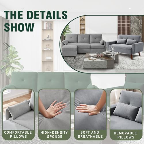 77" Convertible Sectional Sofa Set, Small L Shaped 3-Seat Couch with Reversible Chaise and Loveseat Sofa, Modern Linen Sofas Couches for Living Room, LightGrey