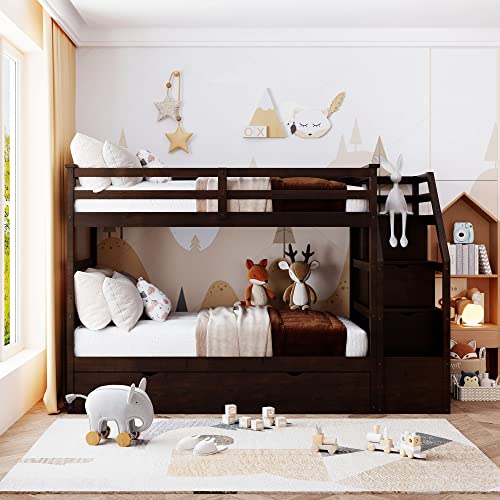 Twin-Over-Twin Bunk Bed with Trundle,Bunk Beds with Storage Stairs,Wood Bunk Bedframe for Kids, Teens, Adults, No Box Spring Needed(White)