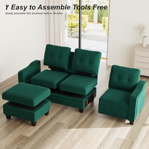 Belffin Velvet Sectional Couch with Storage, L Shaped Sofa with Chaise for Small Space, Blue