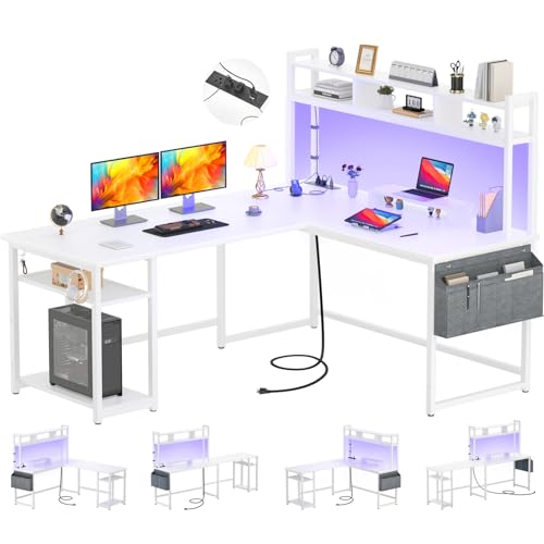 Aheaplus L Shaped Gaming Desk, 59" Gaming Desk with Power Outlet and Led Lights, Reversible L Shaped Computer Desk with Hutch & Monitor Stand, Home Office Desk L Shaped Corner Desk, White