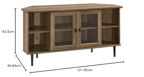 Walker Edison Modern Wood Corner Universal TV Stand with Open Shelves Glass Cabinet Doors Storage for TV's up to 55" Flat Screen Living Room Storage Entertainment Center, 48 Inch, Rustic Oak