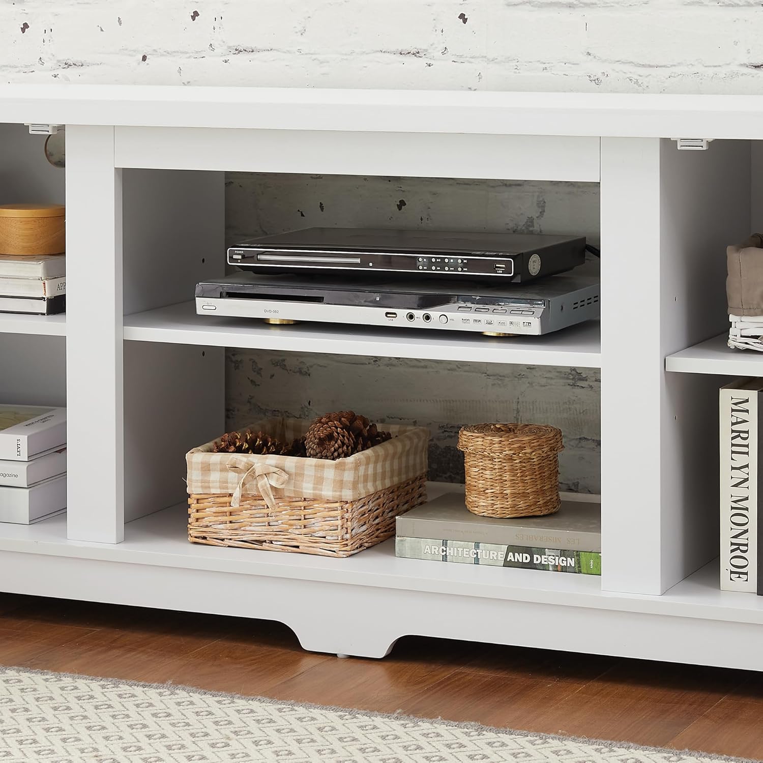 Modern Farmhouse TV Media Stand | Large Barn Style Home Entertainment Console for TVs Up to 70 Inches, with Open Shelves and Closed Cabinets, 64.80” L x 15.67” W x 24.29” H - White