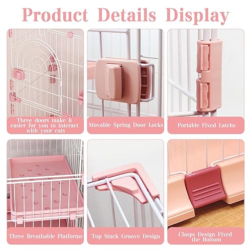 Hamiledyi Indoor Cat Cage 52 Inches Cat Villa Large Pet Crate with 3 Platforms and 1 Ramp Ladders Metal Cat Playpen with 3 Doors Outdoor Cat Enclosures Kitten Cage for Small and Medium Pets (Pink)