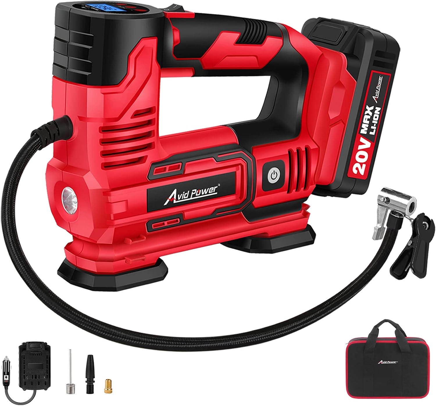 AVID POWER Tire Inflator Portable Air Compressor, 20V Cordless Car Tire Pump with Rechargeable Li-ion Battery, 12V Car Power Adapter, Digital Pressure Gauge
