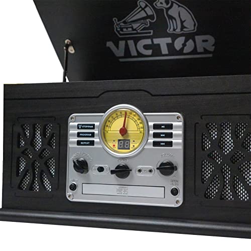 VICTOR State 7-in-1 Turntable Music Center with 3-Speed Record Player, CD/MP3/Cassette Player, FM Radio, Dual Bluetooth in & Out, and Built-in Stereo Speakers, Graphite