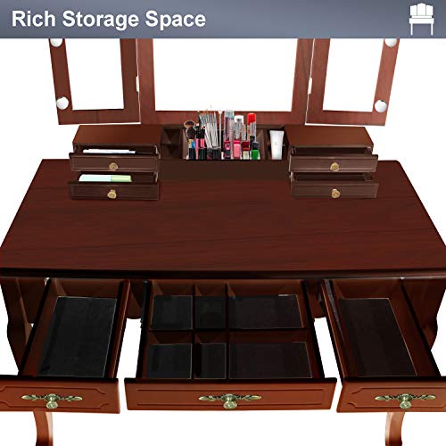 ENSTVER Vanity Beauty Station,Tri-Folding Mirrors,6 Organization 7 Drawers Makeup Dress Table with Cushioned Stool-Espresso
