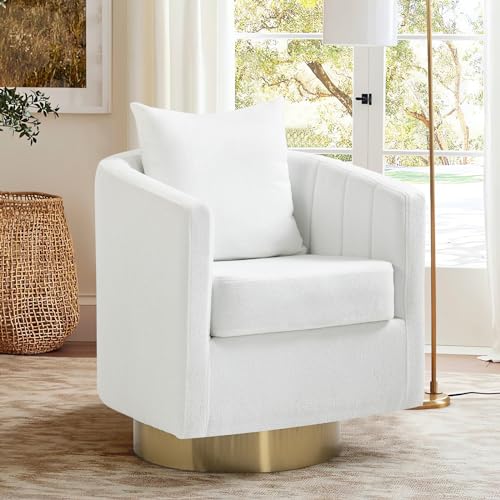 Barrel Accent Chairs Set of 2, Modern 360 Degree Swivel Armchair with Waist Pillow for Living Room, Comfy Upholstered Teddy Fabric Club Chair for Bedroom, White