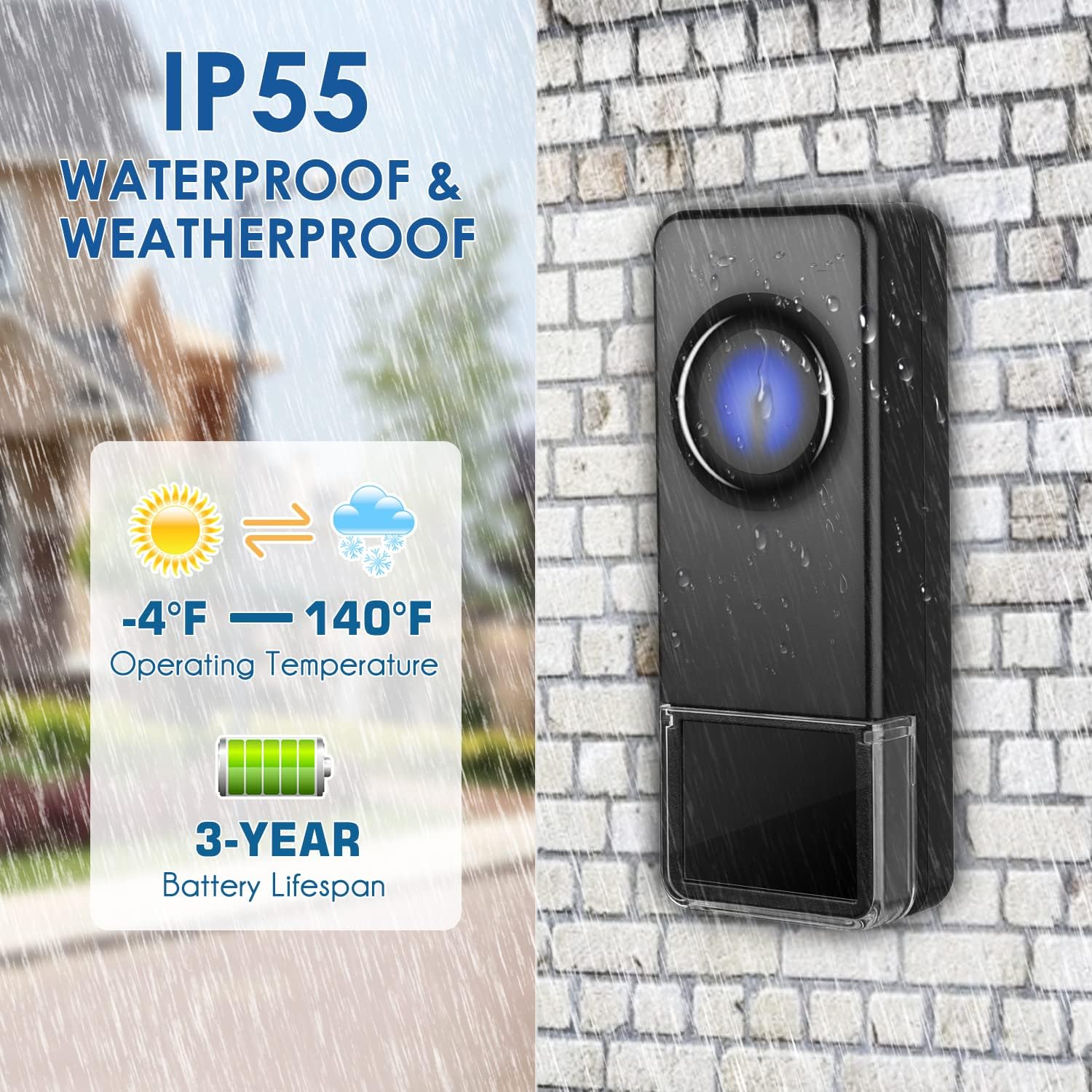 Wireless Doorbell for Home, Waterproof Door Chime Kit Operating at 1300-ft 58 Adjustable Melodies & 5 Volume Levels -PHYSEN Door Bell Wireless with LED Strobe, 2 Push Buttons + 4 Plug in Receivers Pack of 2