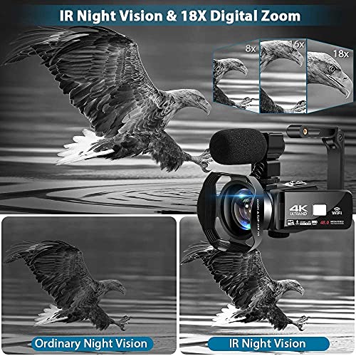 Dingetu Camcorder Video Camera 4K HD 48MP 18X Digital Zoom Camcorder Recorder 3" Touch Screen Vlogging Camera for YouTube IR Night Vision Camcorder with 2 Batteries, Remote Control, 32GB Card