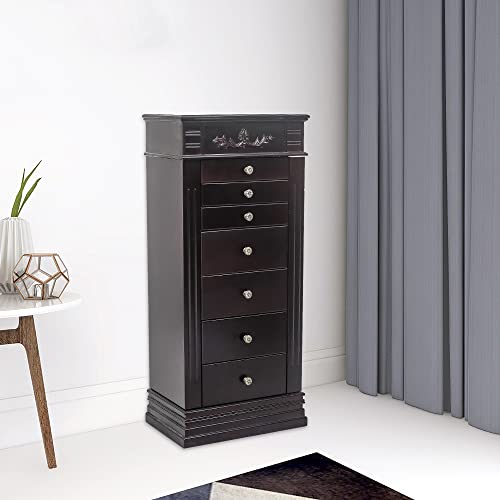 WEI WEI GLOBAL Jewelry Armoire Cabinet with Flip Top Mirror and Compartments - Large Standing Jewelry Chest - Wooden Jewelry Storage Box Organizer - Black