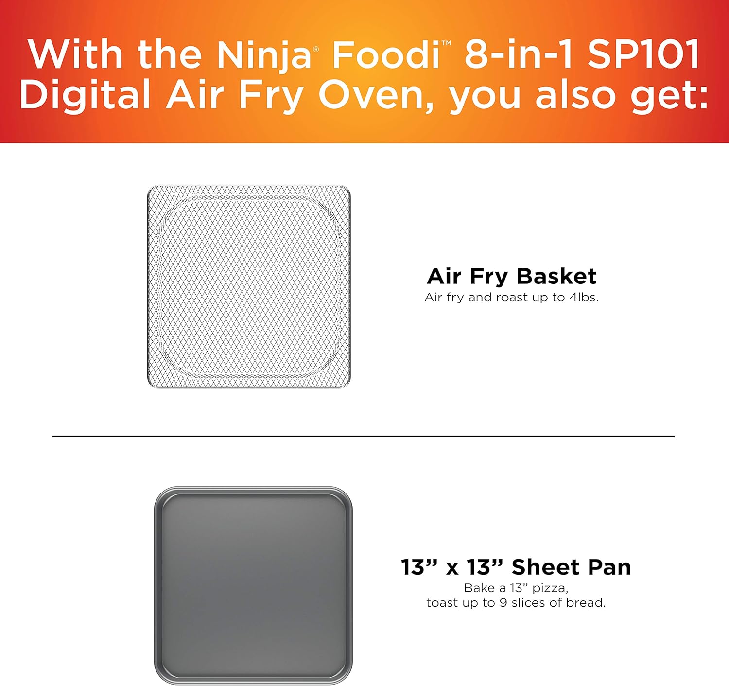 Ninja SP101 Digital Air Fry Countertop Oven with 8-in-1 Functionality, Flip Up & Away Capability for Storage Space, with Air Fry Basket, Wire Rack & Crumb Tray, Silver