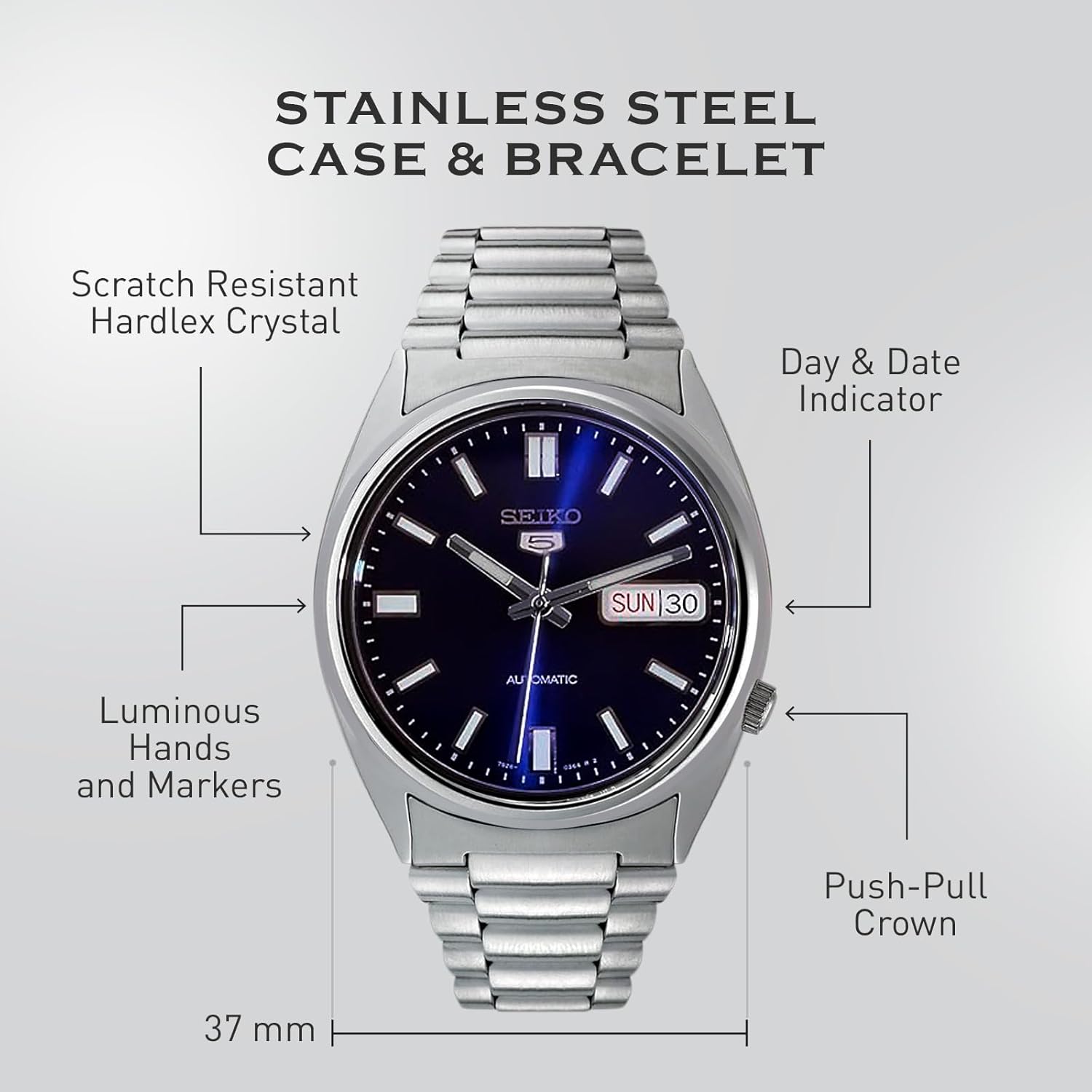 SEIKO SNXS77 Automatic Watch for Men 5-7S Collection - Striking Blue Dial with Luminous Hands, Day/Date Calendar, Stainless Steel Case & Bracelet