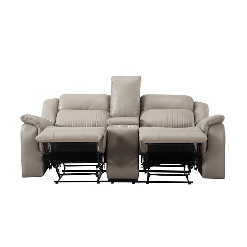 Sofa Chair, Reclining Sofa Couch with Pillow Top Armrest, 2 Built-in Aluminum Cup, Storage, Double Recliner RV Sofa & Console for Home Theater Living Room