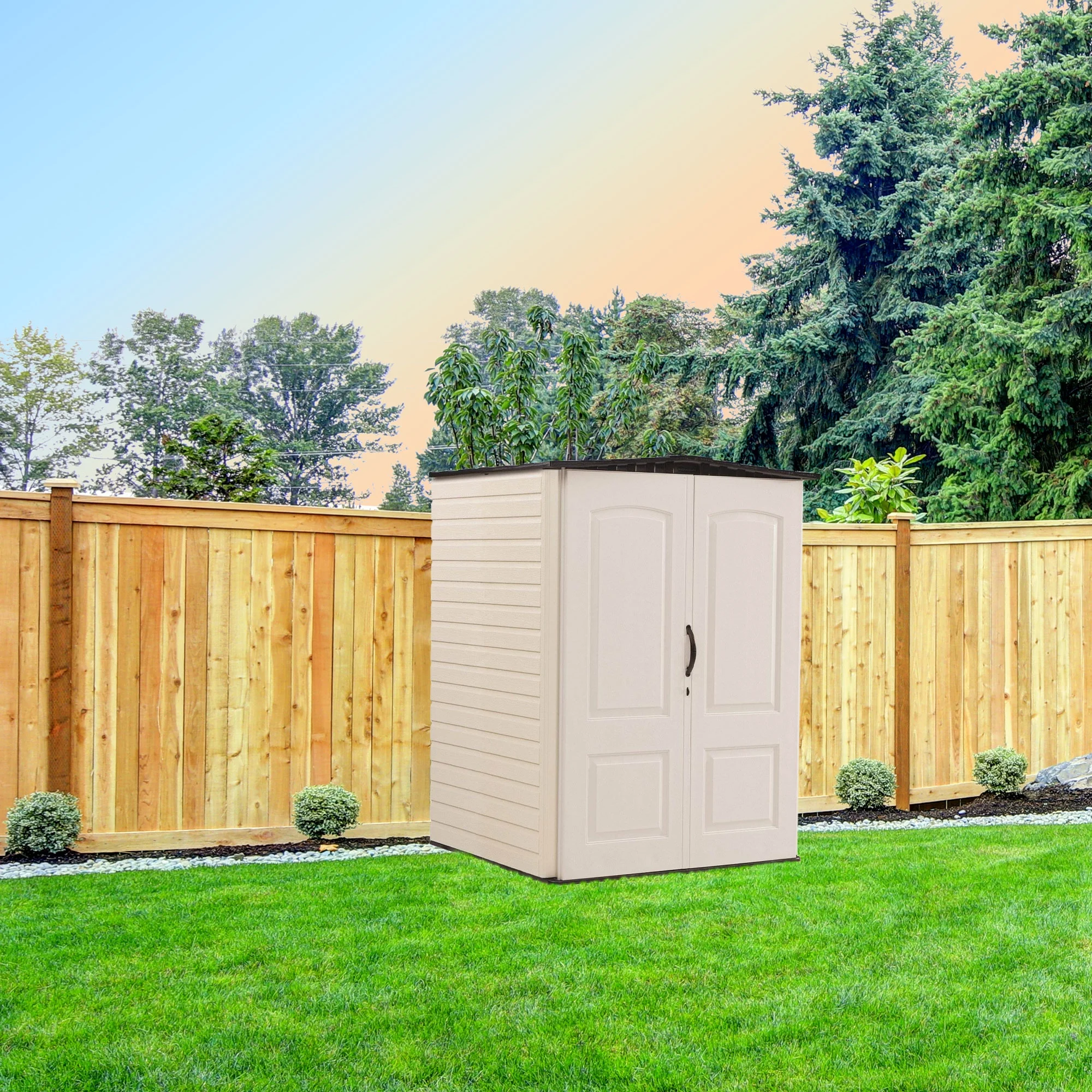 Rubbermaid Outdoor Medium Vertical Storage Shed, Resin, Beige, 72" H x 53.2" W x  57" L