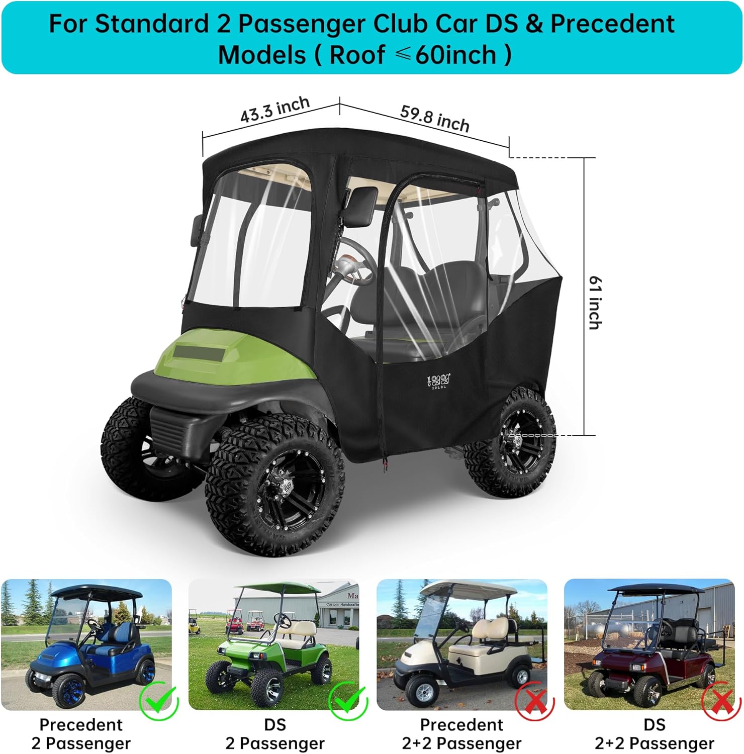 10L0L 2 Passenger Golf Cart Enclosures Cover for Club Car DS & Precedent, All Weather Windproof Waterproof Rain Cover, 4-Sided Clear Window & Roll-up Zipper Door - Black