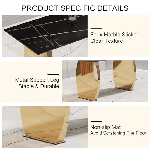 63" Luxury Black Sintered Stone Dining Table Room Sets for 6,Modern Dining Table sets for 6,Black Dining Table with Stainless Steel Golden Legs with 6 PU leather Dining Chairs for Kitchen