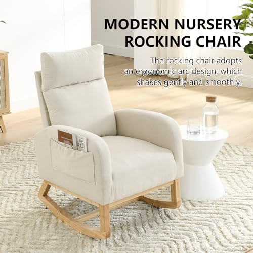 NIOIIKIT Modern Nursery Rocking Chair, Teddy Upholstered Glider Chair with High Back and Side Pocket, Comfy Accent Armchair with Wood Legs, Recliner Chair for Living Room (Grey Teddy)