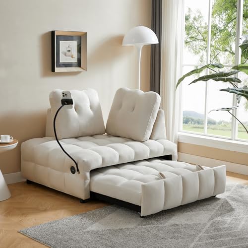 48" Convertible Sleeper Sofa Couch Bed,3-in-1 Velvet Tufted Pull Out Couch with USB&Type-C Charge Ports and Phone Holders,Comfy Modern Loveseat Sleeper Chaise Lounge for Living Room,Small Space(Grey)