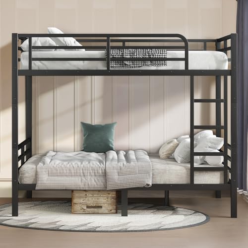 Twin XL Over Twin XL Bunk Bed, Metal Bunk Bed Frame Heavy Duty Bunk Beds Loft Bed Frame with Ladder and Guardrail Metal Slats No Box Spring Required for Adults Teens, Black
