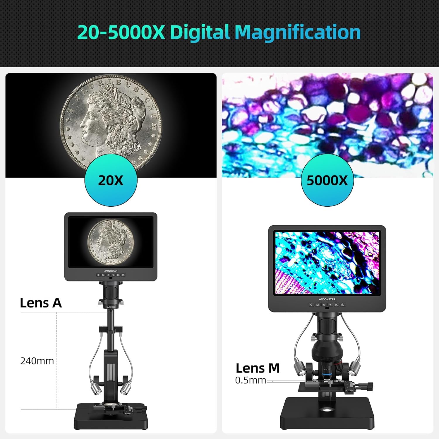 Andonstar AD269S 20X-5000X HDMI Digital Microscope with 10.1'' LCD Screen for Adults Kids, Home Lab Biological Microscope Kit with Microscope Slides, Coin Microscope Full View, Windows Compatible