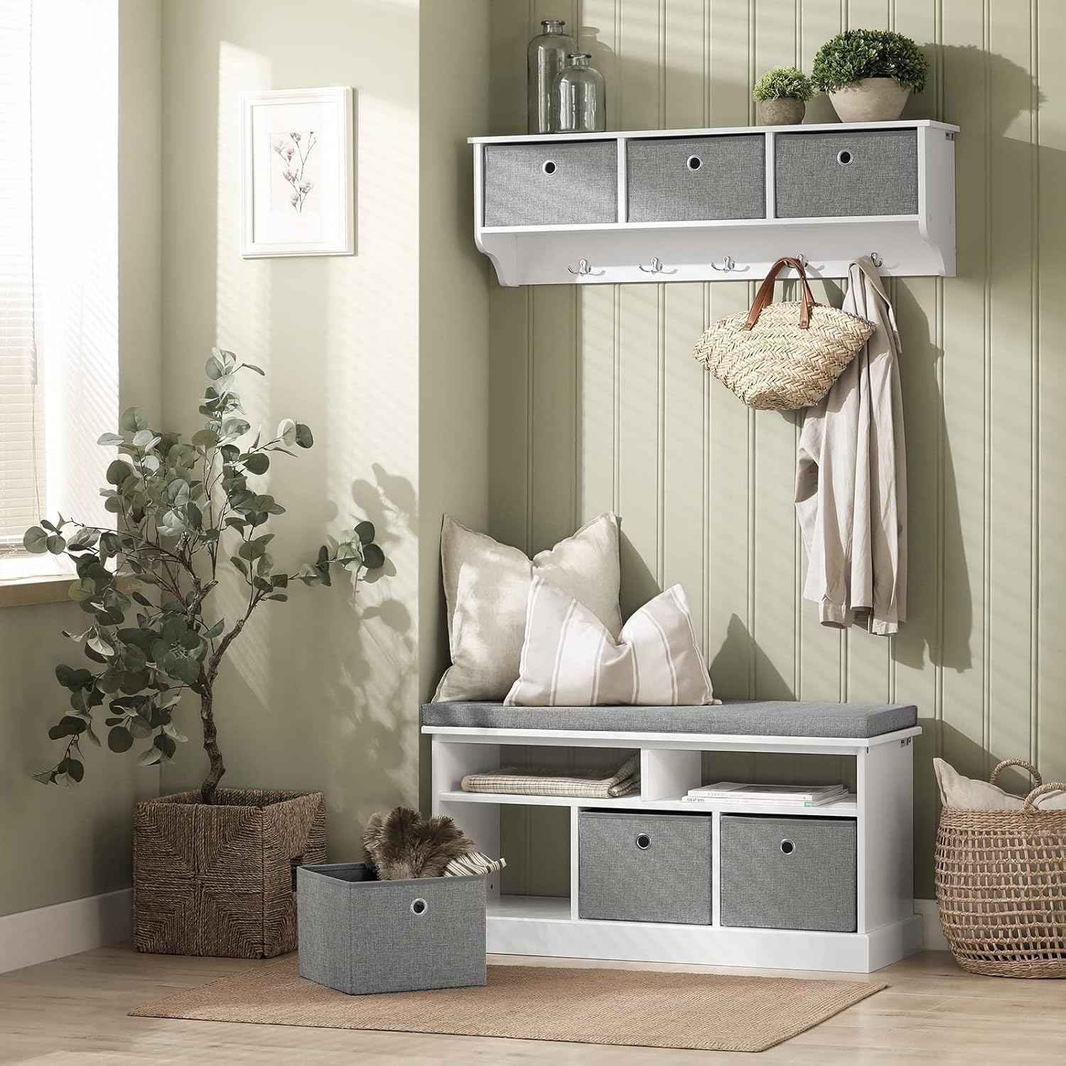 Haotian Shoe Bench and Wall Coat Hooks with Shelf Combo FSR67-HG+FRG282-W