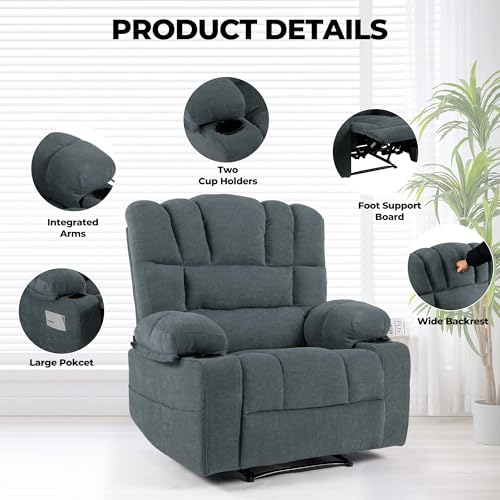 Oversized Recliner Chair for Adult, Plus Size 36.2" Extra Wide Seat Manual Chenille Recliner with Pockets, Ergonomic Massage Heated for Living Room Bedroom Home Threater Office Lounge (Grey)