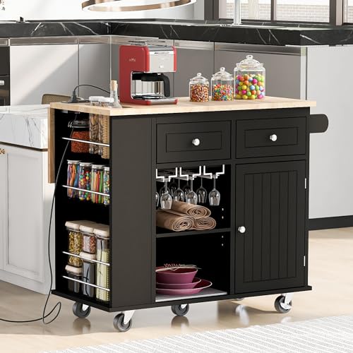Kitchen Island with Storage, Island Table on Wheels with Drop Leaf, Power Outlet, Large Storage Cabinet, 2 Drawers, Wine Rack, Spice Rack, Portable Trolley Cart for Dining Room (White)