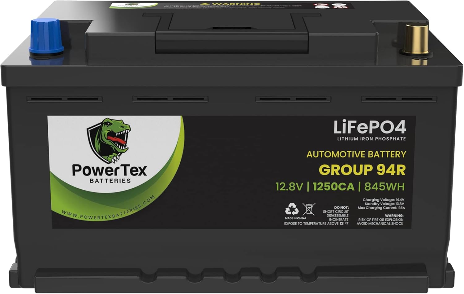 Powertex Batteries Lithium-Ion LiFePO4 BCI Group Size 94R / H7 Automotive Battery - 12.8V 1250CA 590CCA 66Ah 845Wh - AGM & SLA Drop-In Premium Replacement