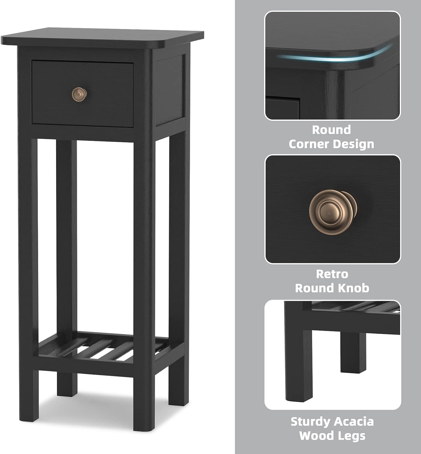 GORELAX Narrow End Table, Tall Nightstands Set of 2 with Drawer & Shelf, Slim Bedside Tables w/Anti-Tipping Device, No Assembly, Wooden Small Side Table for Small Space, Living Room, Bedroom, Black