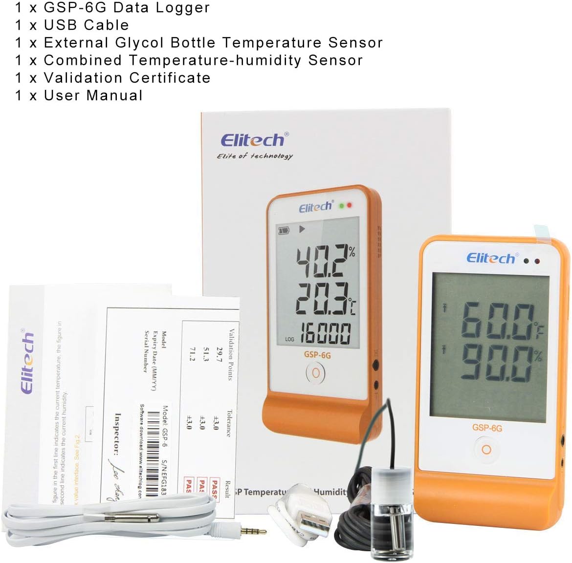 Elitech GSP-6G Digital Temperature Humidity Data Logger Detachable Buffered Probe ISO 17025 Certification Pack of 2