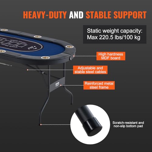 VEVOR 10 Player Poker Foldable Portable Folding Card Board Game, Casino Leisure, Blackjack Texas Holdem Table with Padded Rails and Stainless Steel Cup Holders, 84", Blue