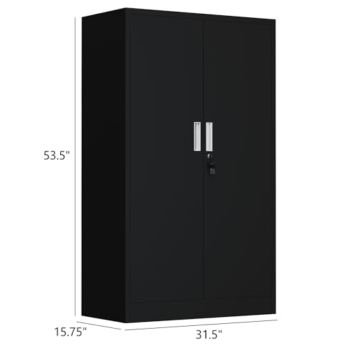 Metal Storage Cabinet with Locking Doors and Adjustable Shelves, 53.5-Inch Tall Lockable Storage Cabinets for Home Office Garage Kitchen Pantry (Black)