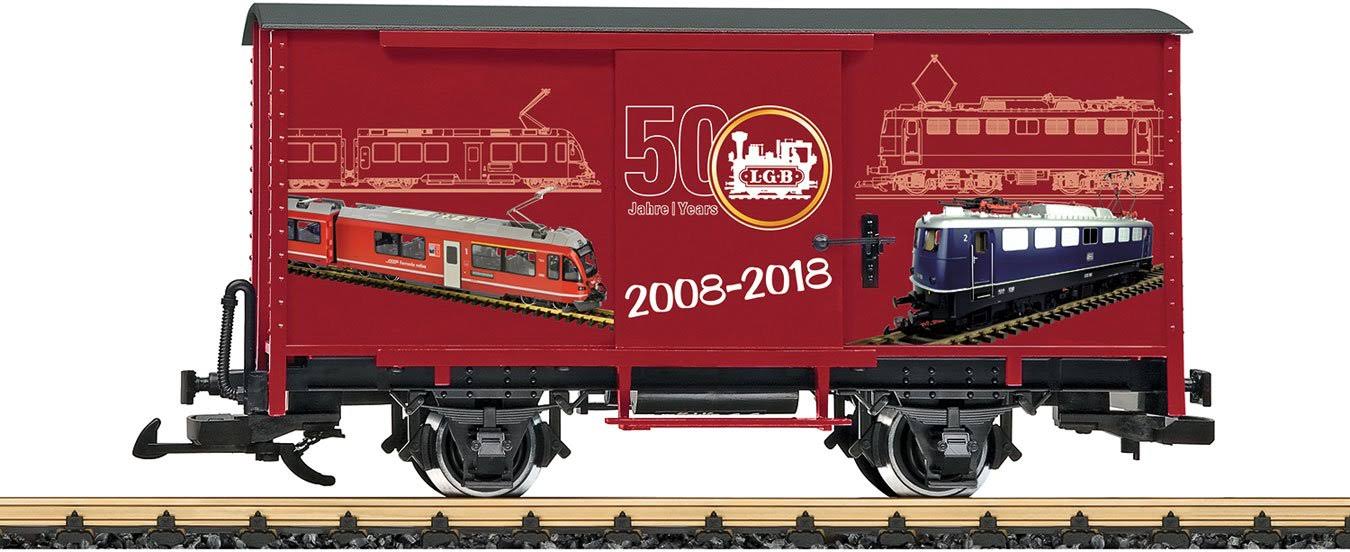 Scale: G - 2-Axle Steel Boxcar - Ready to Run -- LGB 50th Anniversary (Red, 2008-2018 Model Graphics)
