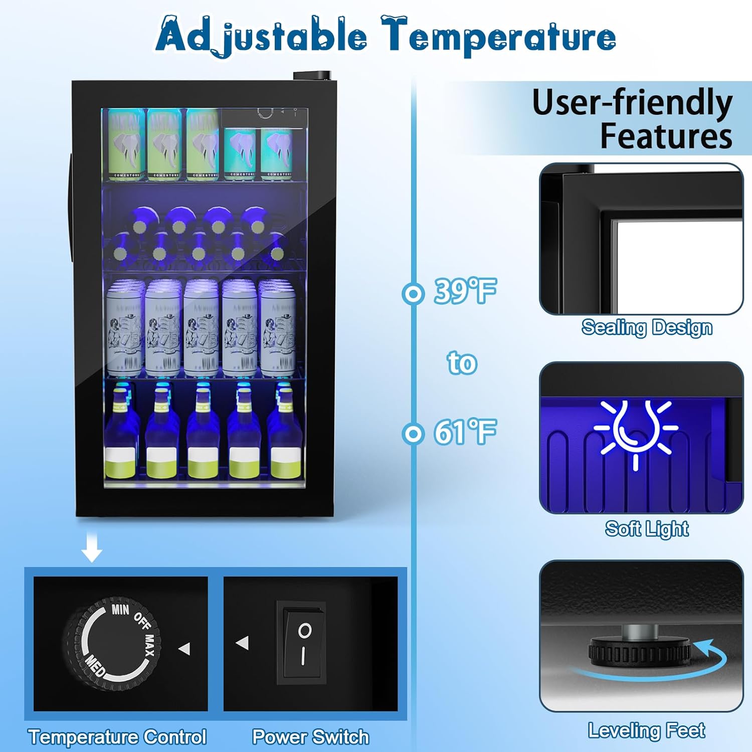 Mini Beverage Fridge, 120 Can, Beverage Fridge w/Glass Door, Adjustable Shelves, LED Light & Temperature Control, Small Beverage Refrigerator for Bedroom, Home, Office, Bar, 3.2 Cu. Ft.