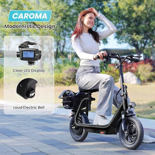 Caroma Electric Scooter with Seat,1200W Peak Motor,LED Display & 3 Speed Modes,30 Miles Max Range,Height Adjustable Seat & Foldable Electric Scooter with Basket,Front Suspension & Storage Hook